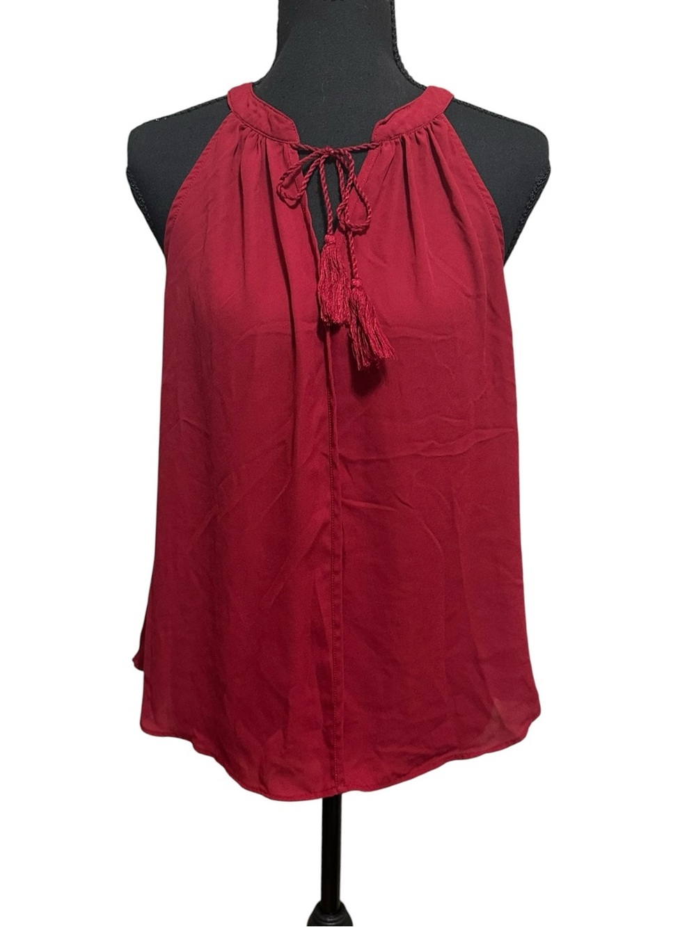 Pink Rose. Red/Burgundy Halter Blouse with drawstring at neck.